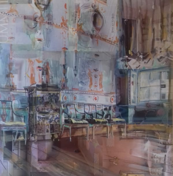 Alison Pullen interior with focus on a wall decorated with Etruscan designs in pale green, gold and lilac. A window to the right with a dramatic gold curtain, four chairs along the wall and a dark patterned chest.