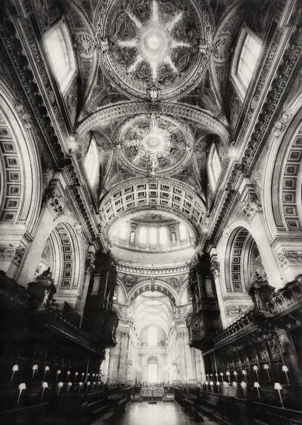 Lindsey Moran photogravure monochrome print showing the interior of St Paul's Cathedral with its windows and skylights