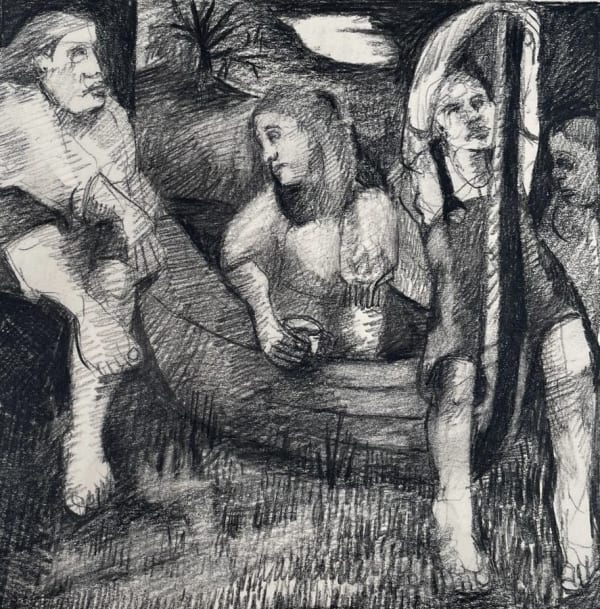 Charlie O'Sullivan square orientation pencil drawing of three figures in a rowing boat