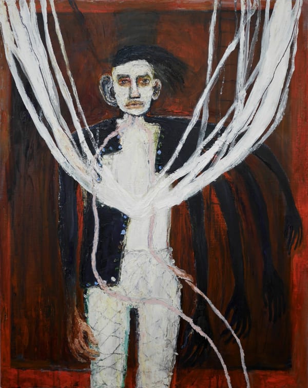 Rebecca Swainston painting of a pale male figure dressed in a circus ring masters attire, long black limbs and white wires coming from his body while he gazes directly at the viewer.