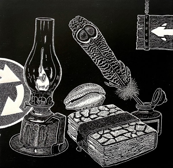 Ade Adesina small black and white print showing a few objects: a lamp, bound book, shell, peacock feather and a road sign.