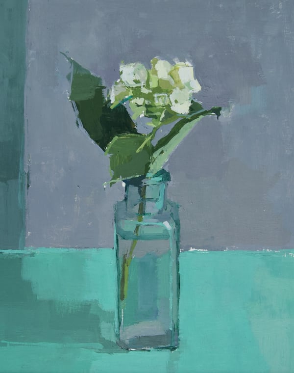 Sarah Spackman still life painting of a little white hydrangea flower in a glass vase