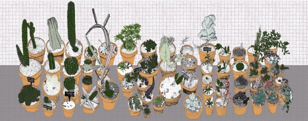 Clare Halifax screenprint of an array of green potted plants on a pale pink gridded background and grey flooring