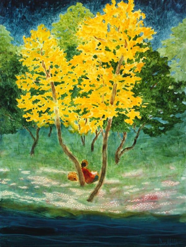 Daniel Ablitt painting of a single figure sat beneath a tree, leaning against the trunk, reading a letter. The painting is in blues, yellows, greens and reds