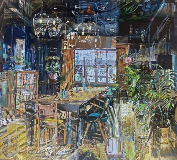 Alison Pullen Mixed Media Collage Painting of Oxford restaurant Pompette private dining room