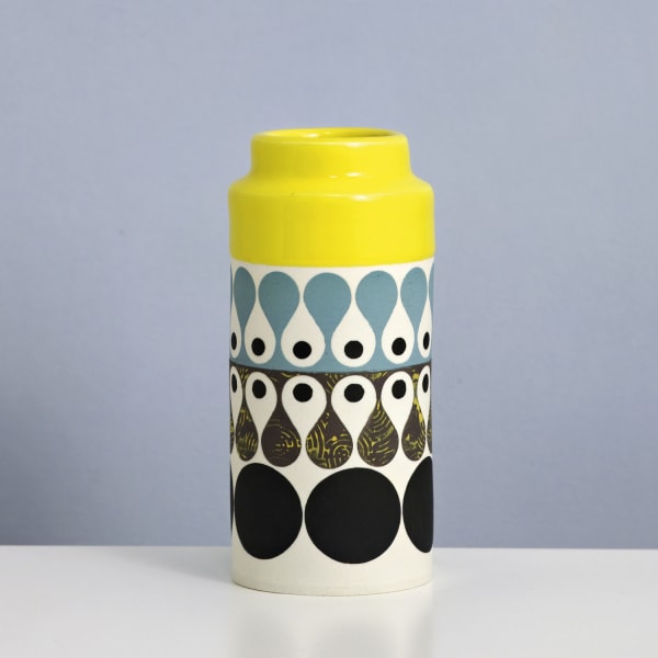 MapMap ceramic cone vase with midcentury modern inspired stencil designs in yellow, blue and black
