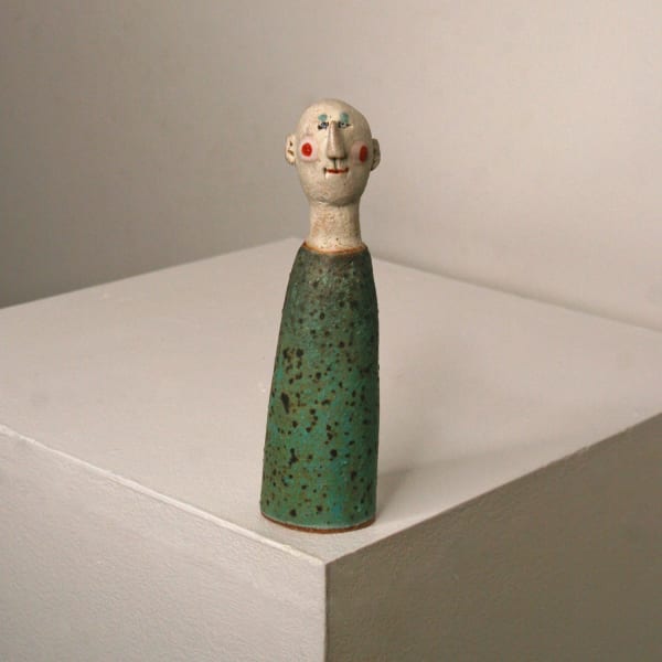 Jane Muir minimalist ceramic sculpture of a little man, speckled turquoise glaze