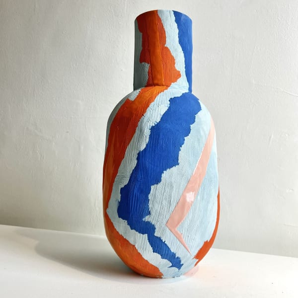 Eddie Knevett ceramic vessel designed with zig zag shapes in colours blue, pink and orange