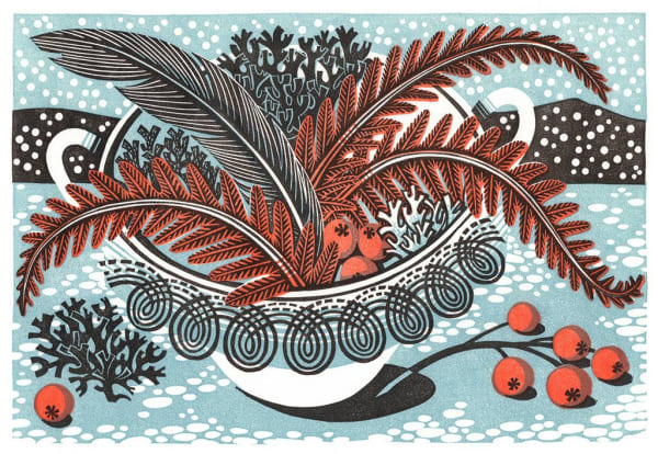 Angie Lewin linocut of a wintery scene in pale blue and a bowl of feathers, ferns and orange red berries