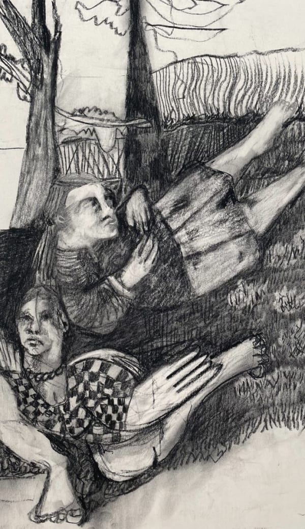 Charlie O'Sullivan charcoal drawings of two figures lying down under trees