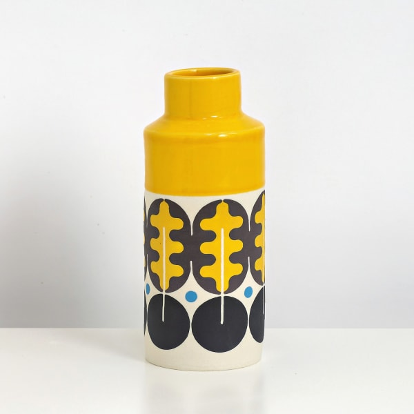 MapMap ceramic cone bottle vase with scandi-inspired stencil design in orange, purple and blue