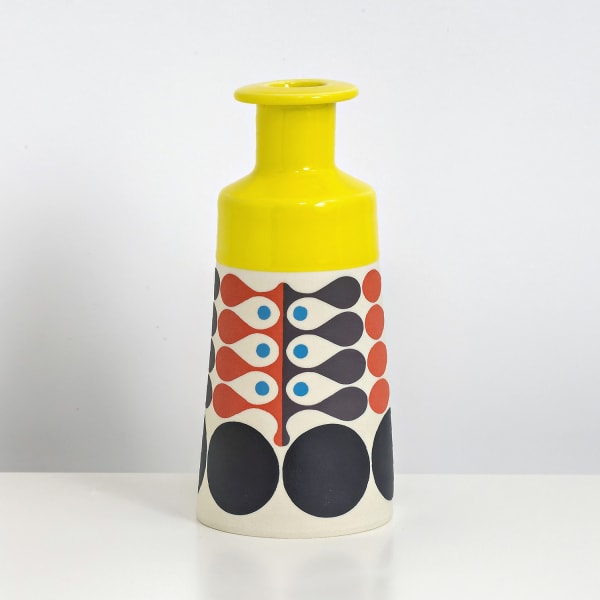 MapMap ceramic cone bottle vase with scandi-inspired stencil design in yellow, purple, red and blue