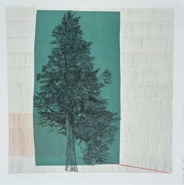 Clare Halifax silkscreen print of a fur tree, in colours turquoise, pink and black