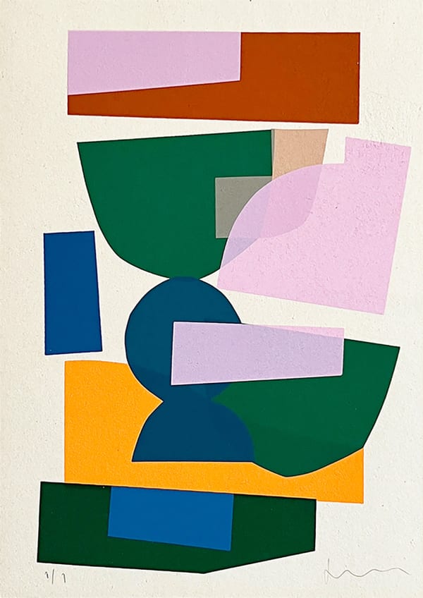 Jonathan Lawes abstract silkscreen print of semi-circles and oblongs in primary yellows, reds, greens blues and pinks