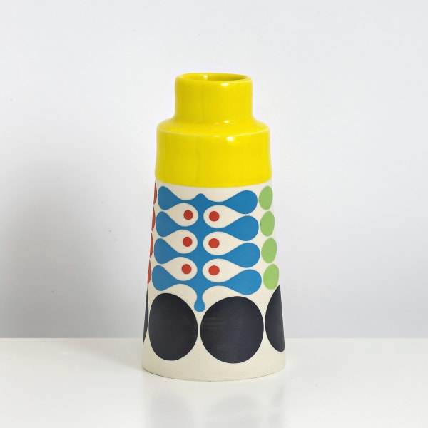 MapMap ceramic cone bottle vase with scandi-inspired stencil design in yellow, green, blue and red