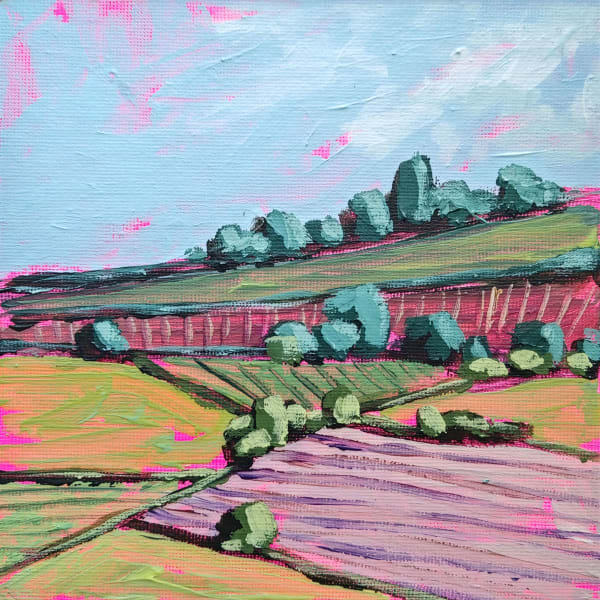 Belinda Millar small square landscape painting showing the green and golden rolling hills of oxford, with a neon pink under colour