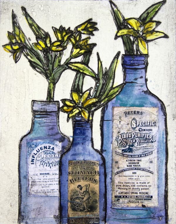 Vicky Oldfield colourful print of three blue glass bottles with yellow flowers.