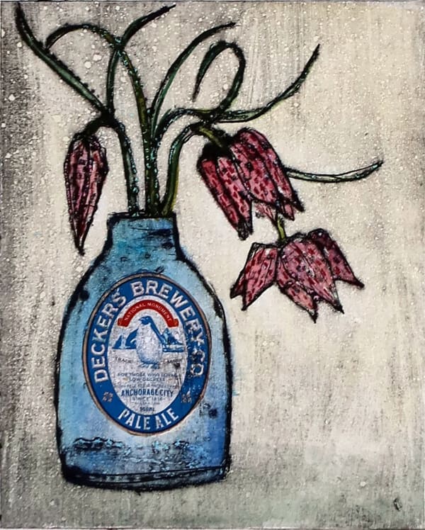 Vicky Oldfield collagraph of budding lilies in a glass bottle with a vintage ale label on it.
