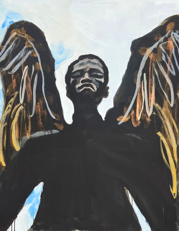 Veronica Wells acrylic painting of a dark angel figure in black and gold standing tall with his eyes closed and wings spread against a sky blue background