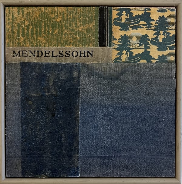 Emma Davis mixed media collage pice using a various book covers in tonal blues and greens