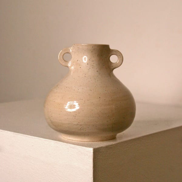 Lucy Physick stoneware ceramic small tear drop shaped vase in a speckled white glaze