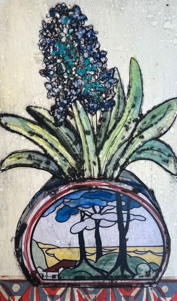 Vicky Oldfield collagraph print of blue flowers in a jar with a stained glass landscape design.