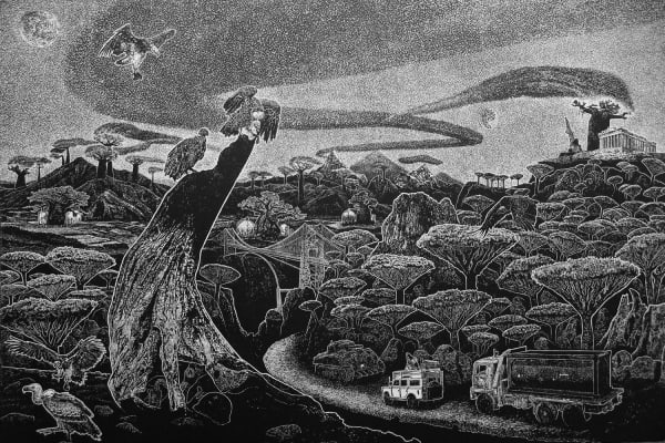 Black and white print by Ade Adesina of a forest of baobab trees, trucks on a road cutting through the vegetation and vultures in the foreground.