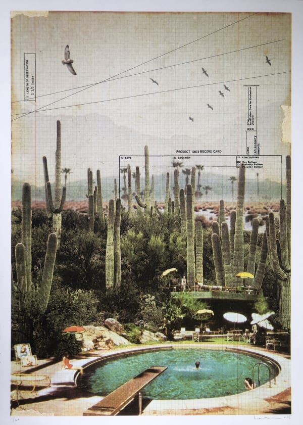 Maxine Gregson retro screenprint of a circular swimming pool surrounded by cacti, vinatge dressed figures are int he pool