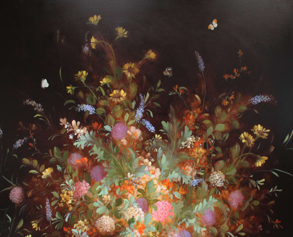 Fletcher Prentice oil on canvas painting of an array of wildflowers, tall stalks of sunflowers tower above them while red admiral butterflies flutter above on a dark background. Painted in a similar style to the dutch golden age.