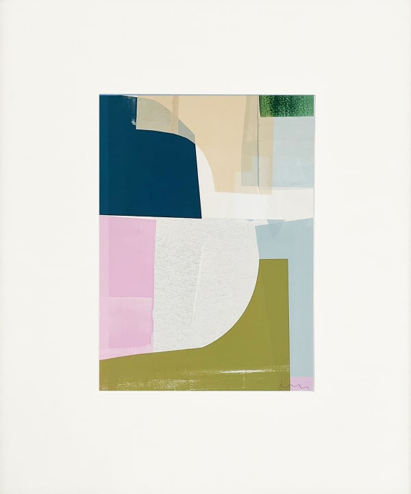 Jonathan Lawes abstracted silkscreen print of layered semi-circular and oblong shapes in greens, pinks and blues