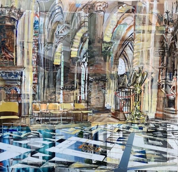 Alison Pullen mixed media collage work of Christchurch cathedral , suing magazine fragments to recreate a view on the cathedral interior