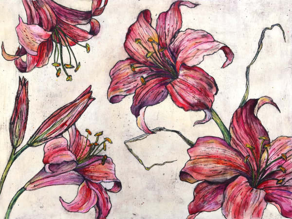 Vicky Oldfield collagraph prints of bright fuchsia lily heads