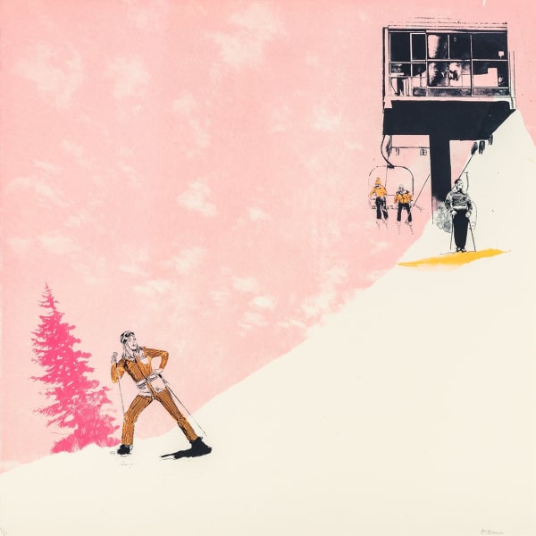 Anna Marrow Silkscreen print of a figure skiing, while other people appear from over the snowy hill in a ski lift, in tones of pink