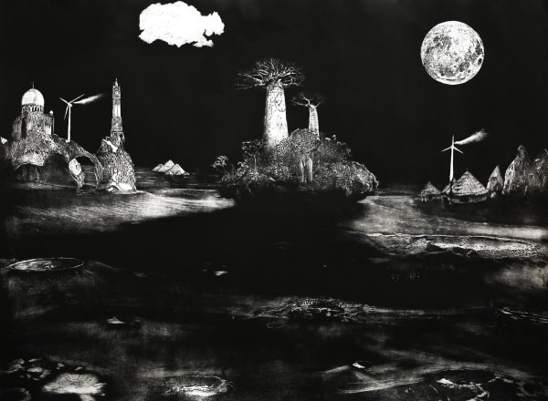 Ade Adesina black and white print showing a dark, moon-like landscape with remnants of civilisations appearing, baobab trees and wind turbines.