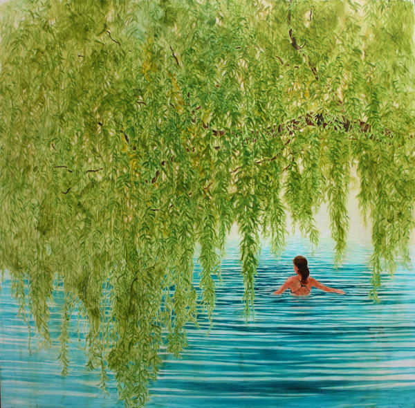 Daniel Ablitt painting looking out onto an aqua lake, a female figure swimming away from the viewer, with rich leave leaves dangling from a weeping willow