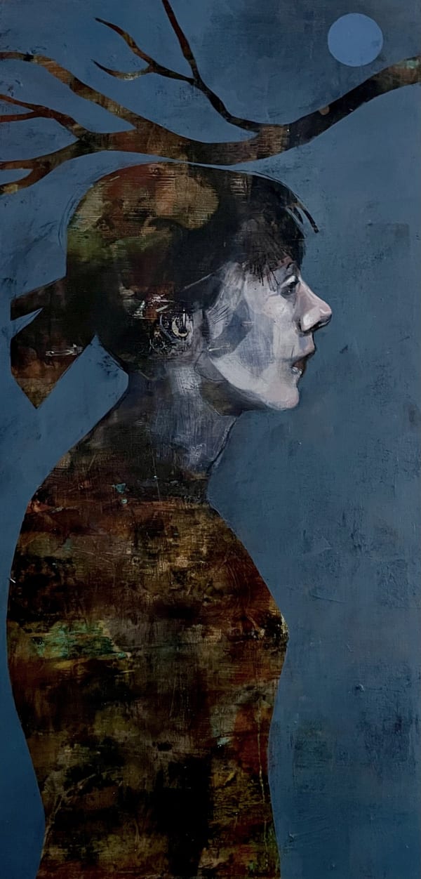 Letitia Thompson painting of a female figure against a navy background with a branch in the distance, painted in blues and greys