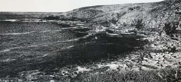 Trevor Price monochrome woodcut print of the Cornish coat line and waves in St Ives