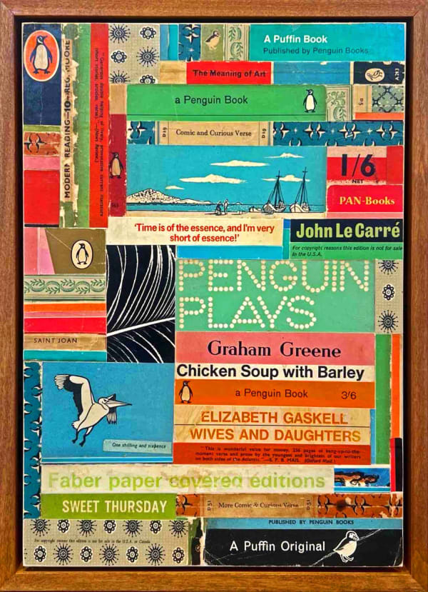 Emma Davis mixed media collage piece composed of several cut up book covers in a tile formation, in colours blue, pink, green, and red.