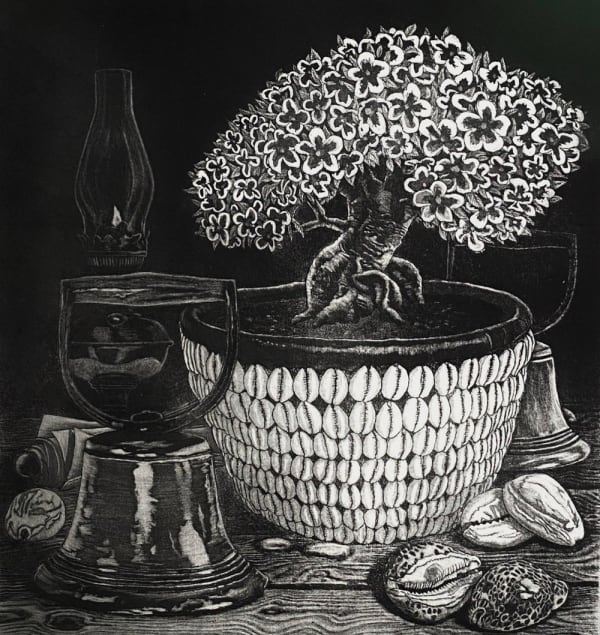 Ade Adesina print in black and white with central imagery of flowering small tree in pot decorated with white shells. Also seen are an oil lamp and cowrie shells.