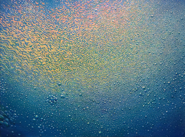 Jim Whitty underwater painting, sunlight shimmers through water, refracting and casting pastel hues through the water