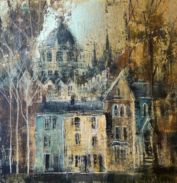 Bee Bartlett mixed media on canvas Oxford painting of houses in cool tones and gold leaf detail in the sky