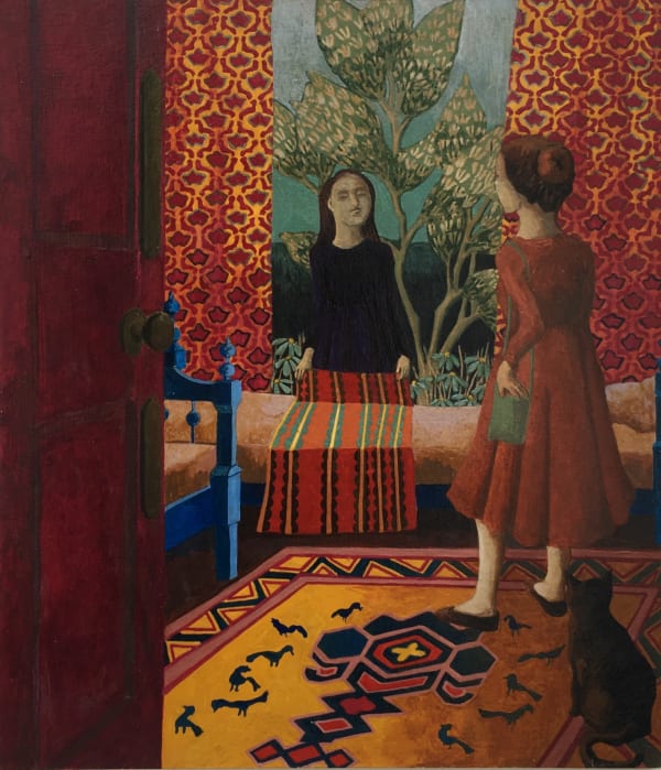 A painting by Kate Montgomery of an interior in rich reds and ochre, with a focus on detailed patterns of the bed cloth in the centre, the rug in the foreground and the curtains on either side, two girls conversing on either side of a bed.