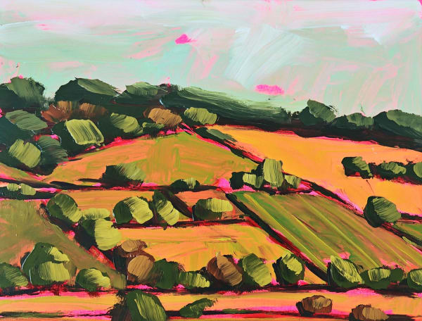 Belinda Millar acrylic on canvas painting of the Chilterns, Oxfordshire showing the rolling hills in colours green, gold and pink
