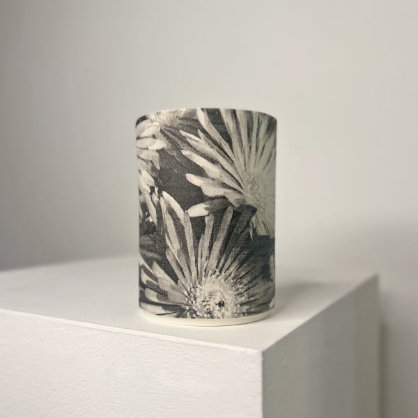 Heidi Harrington ceramic vase with photo transferred ice plant pattern in black and white