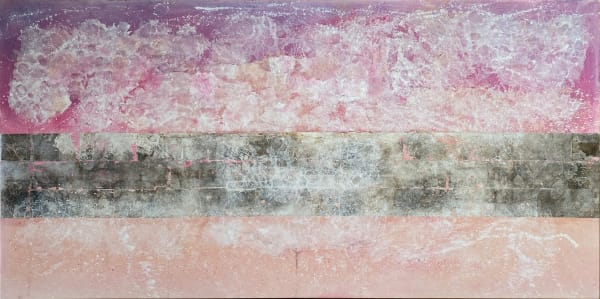 Natalie Moisy mineral pigment and silver leaf on panel piece, showing an abstract view of a blossom tree in pale and rich pinks.