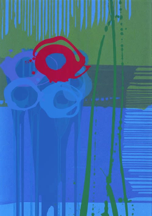 Charlotte Cornish abstract silkscreen in blues and green with a red circle