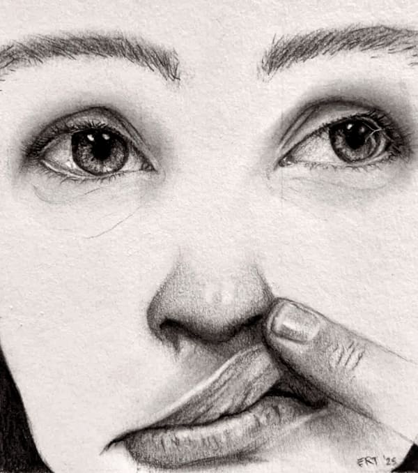 Erin Rosalie Thomas charcoal sketch of a zoomed in face with a finger poking their mouth