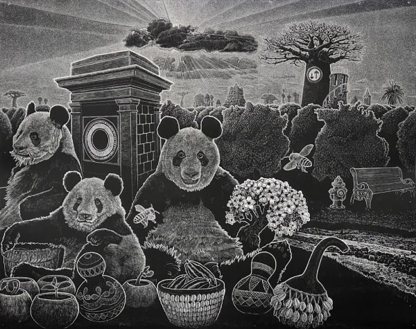 Ade Adesina large print in black and white with pandas seated in the foreground with seedlings in pots at the front.