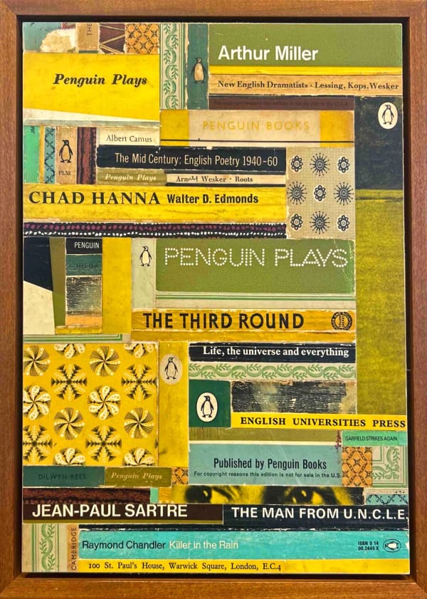 Emma Davis mixed media collage comprised of several book covers in a tile like formation in colours greens, yellows and blues