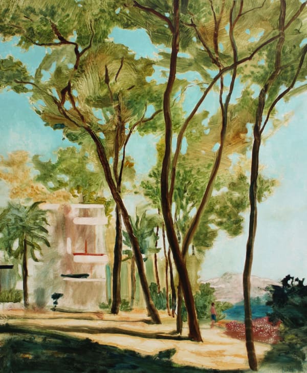 Daniel Ablitt painting with a white cubist villa overlooking the sea and mountains in the distance, surrounded by trees, with a figure going into the water